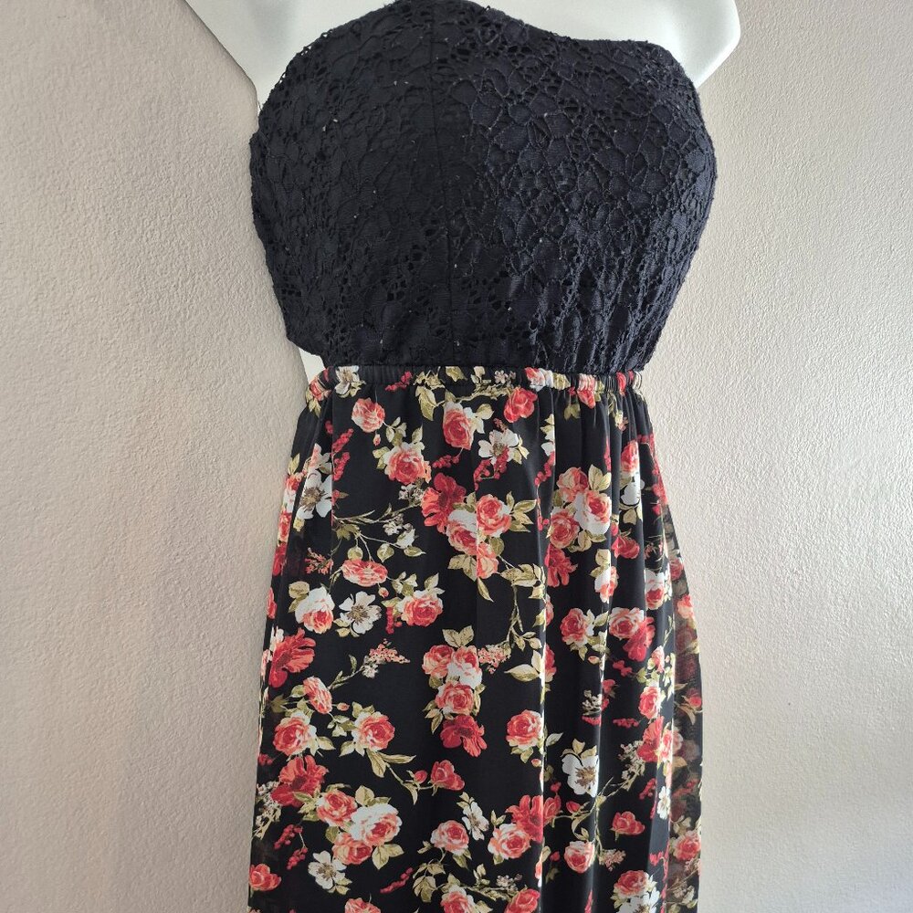 Black Floral Strapless Maxi Dress. Small